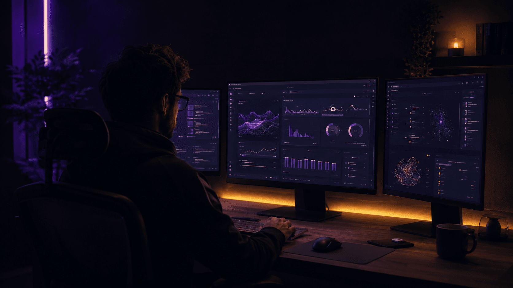 Espacio de trabajo con dashboard de datos en pantalla