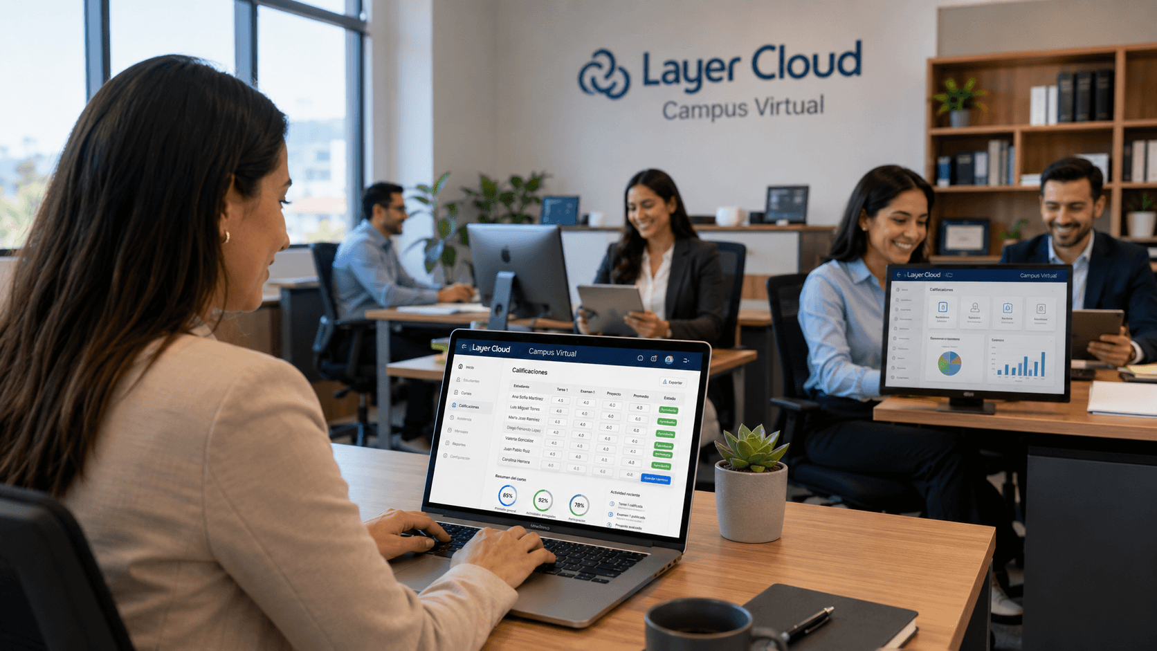 Equipo LayerCloud trabajando en la oficina con el campus virtual en pantalla